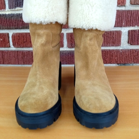NWT Marc Fisher Ltd. 'Willoe' Shearling Lined Cuffed Ankle Boot in Tan Suede - Picture 3 of 8